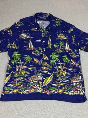 Vintage Polo Ralph Lauren Hawaiian Shirt Navy Tropical Sailing Button Up Rayon